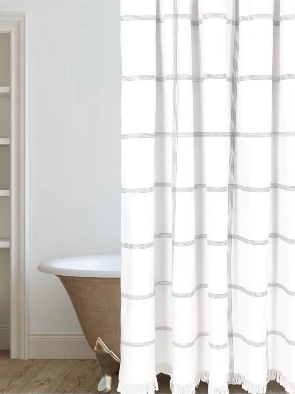NIB Hall & Perry Windowpane Fringe Shower Curtain in White Black